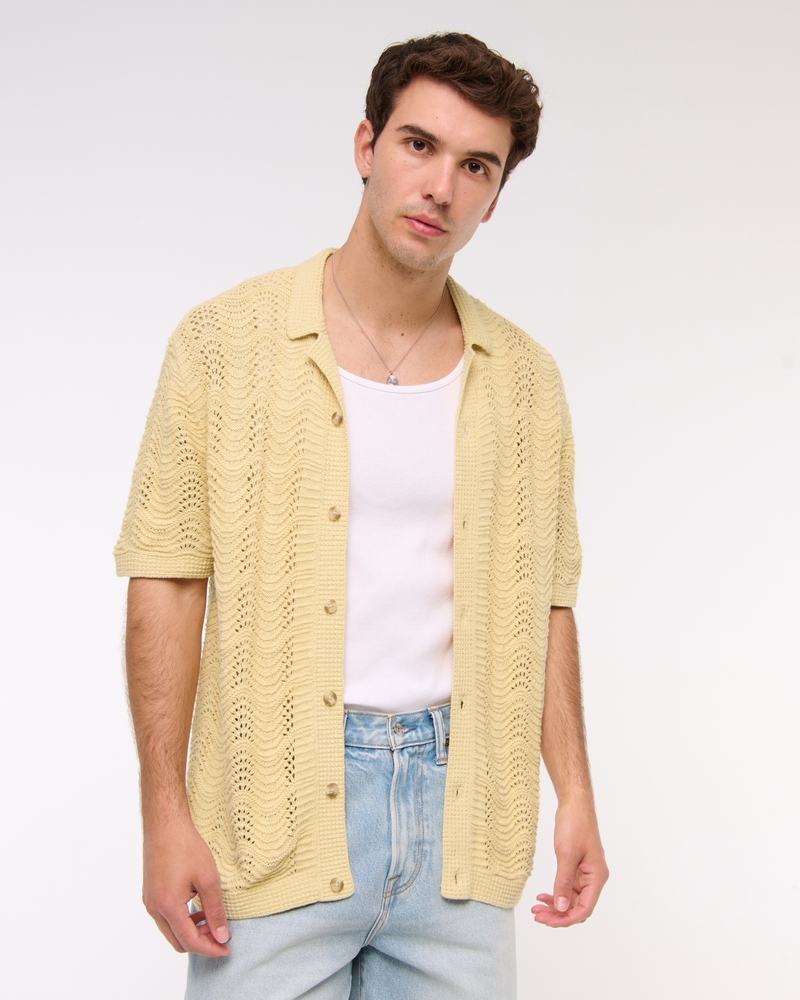 Wavy Crochet-Style Button-Through Sweater Polo