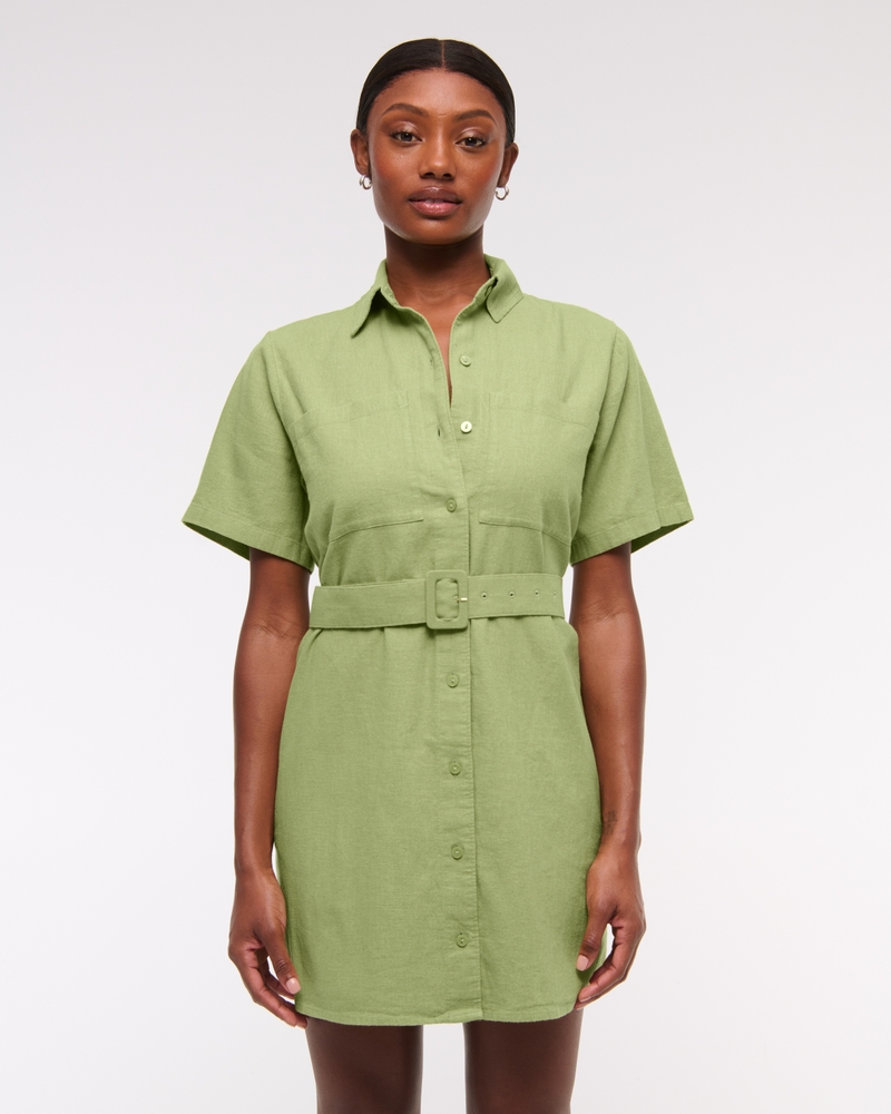 Belted Linen-Blend Mini Shirt Dress